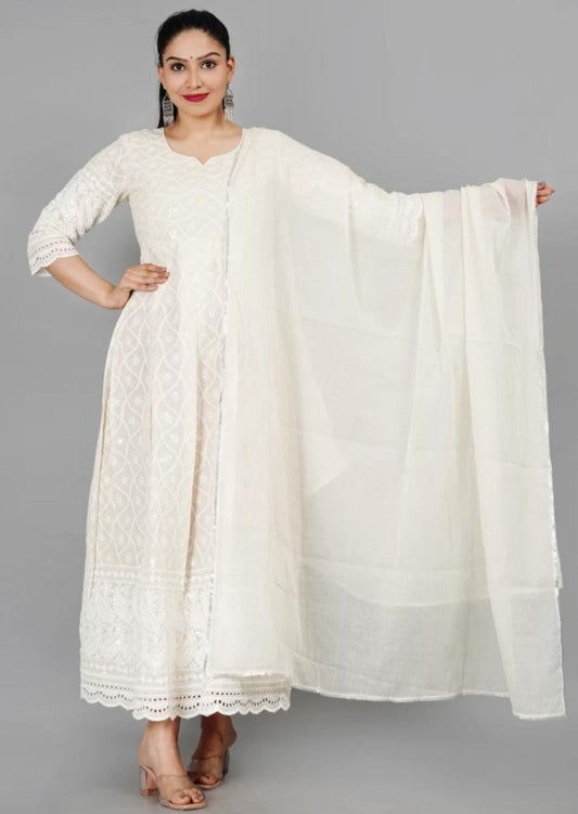 Women's Floral Embroidered Thread Work Cream Chikankari Anarkali Kurta With Cotton Dupatta - Miravan