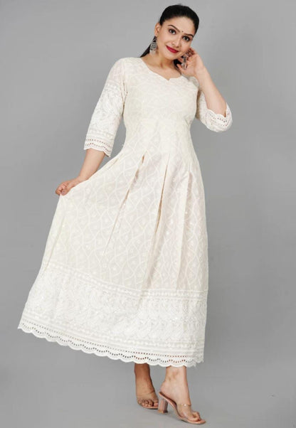 Women's Floral Embroidered Thread Work Cream Chikankari Anarkali Kurta With Cotton Dupatta - Miravan