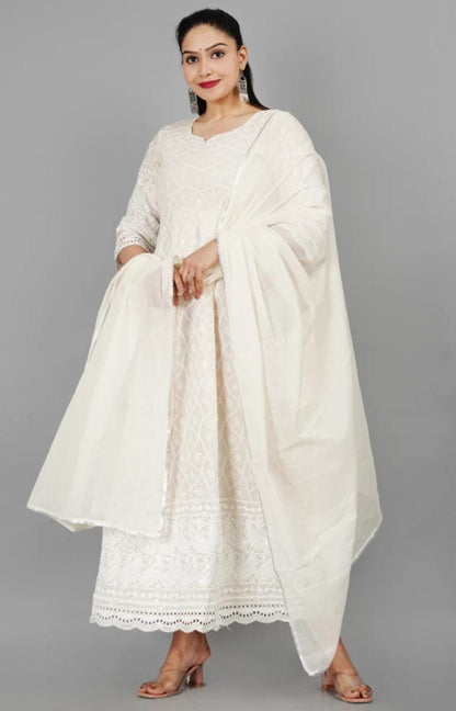 Women's Floral Embroidered Thread Work Cream Chikankari Anarkali Kurta With Cotton Dupatta - Miravan