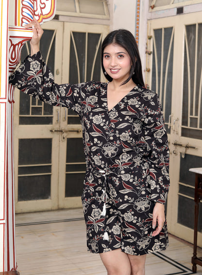 Miravan Womens Multi Pure Cotton Floral Printed V Neck Long Sleeves Jumpsuit