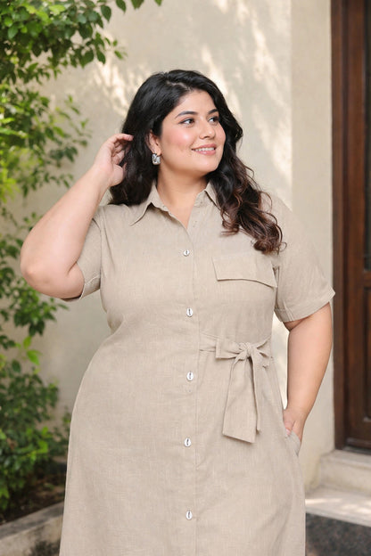 Miravan Womens Plus Size Beige Solid Midi Dress with Belt and Side Pocket