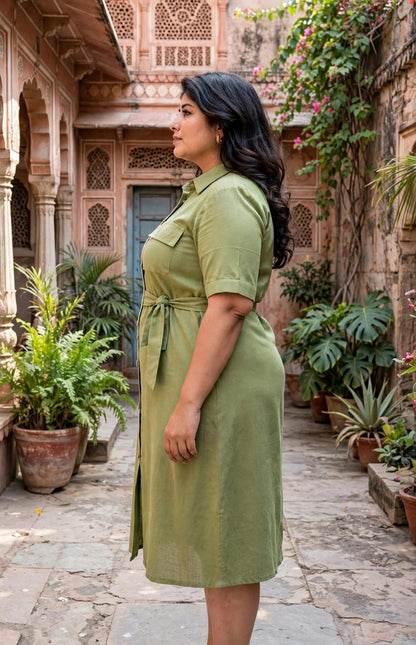 Miravan Womens Plus Size Green Party Dress with Belt