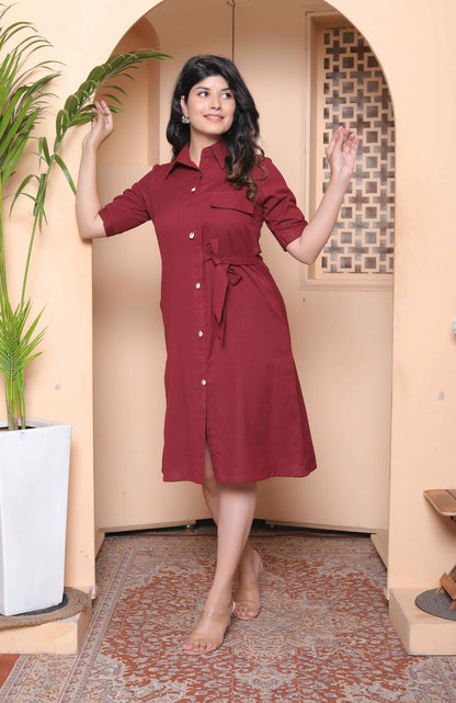Miravan Womens Maroon Solid A-Line Dress with Belt