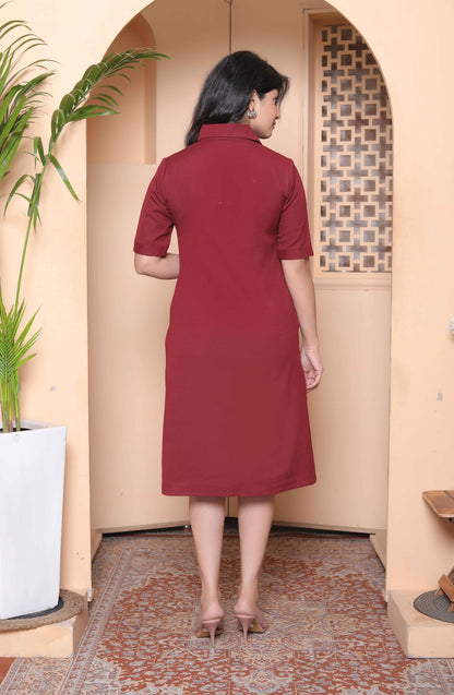 Miravan Womens Maroon Solid A-Line Dress with Belt