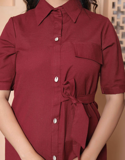 Miravan Womens Maroon Solid A-Line Dress with Belt