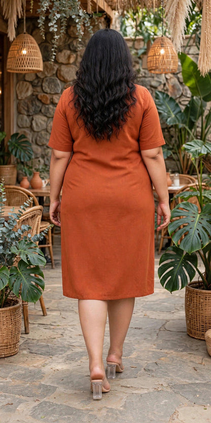 Miravan Womens Plus Size Rust Solid Midi Dress and Side Belt