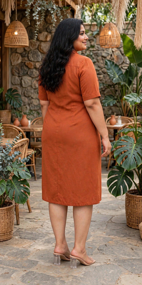 Miravan Womens Plus Size Rust Solid Midi Dress and Side Belt