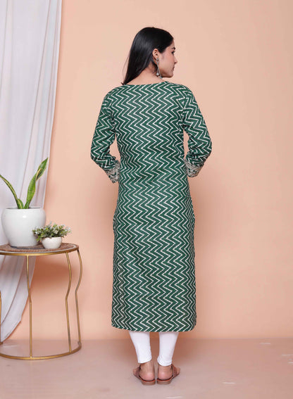Miravan Womens Green Zigzag  Print Embroidery Rayon Straight Kurti