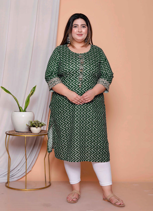 Miravan Womens Plus size Green Zigzag  Print Embroidery Rayon Straight Kurti