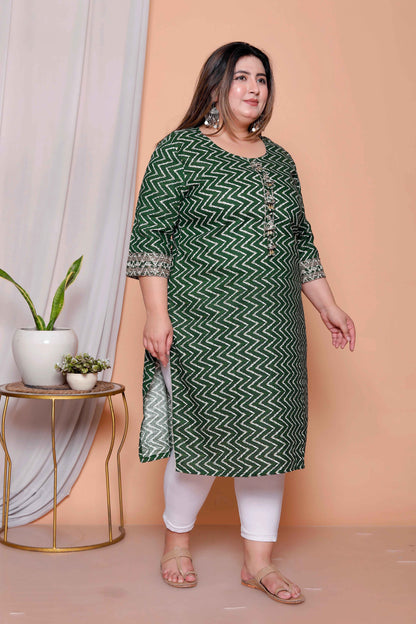 Miravan Womens Plus size Green Zigzag  Print Embroidery Rayon Straight Kurti