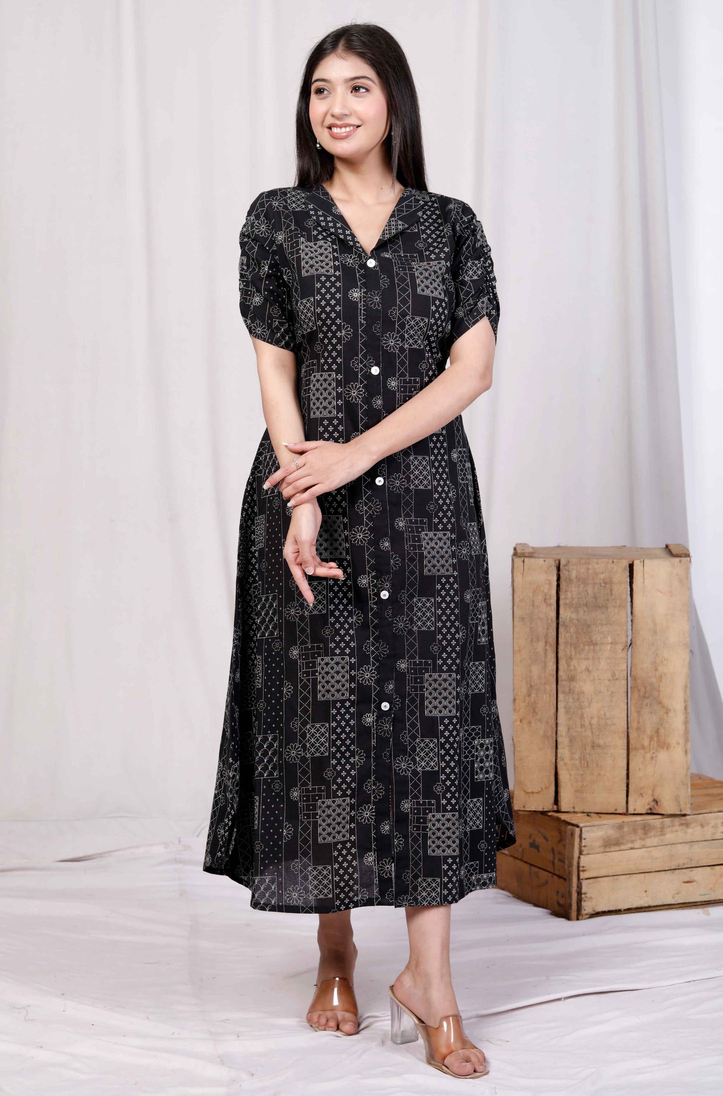 Miravan Womens Pure Cotton Black Floral Printed Front Button A-Line Midi Dress
