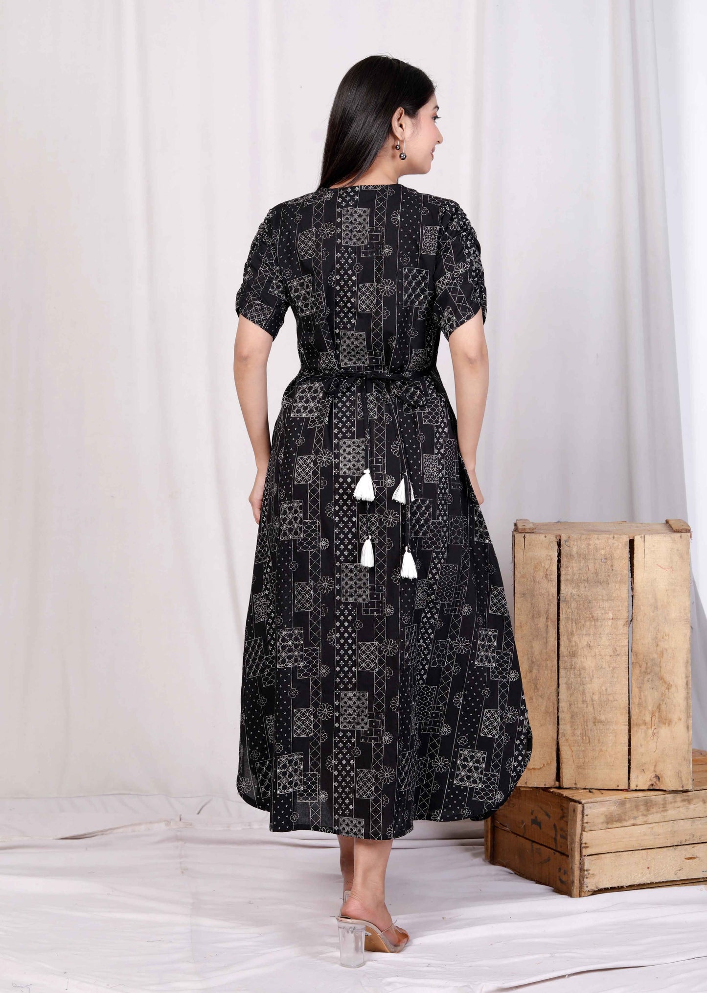 Miravan Womens Pure Cotton Black Floral Printed Front Button A-Line Midi Dress