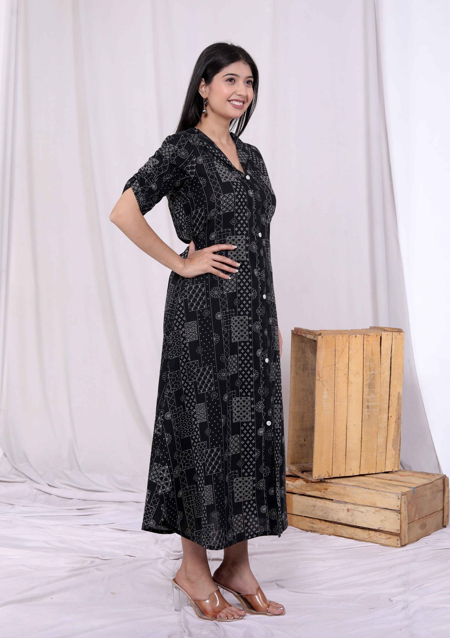 Miravan Womens Pure Cotton Black Floral Printed Front Button A-Line Midi Dress