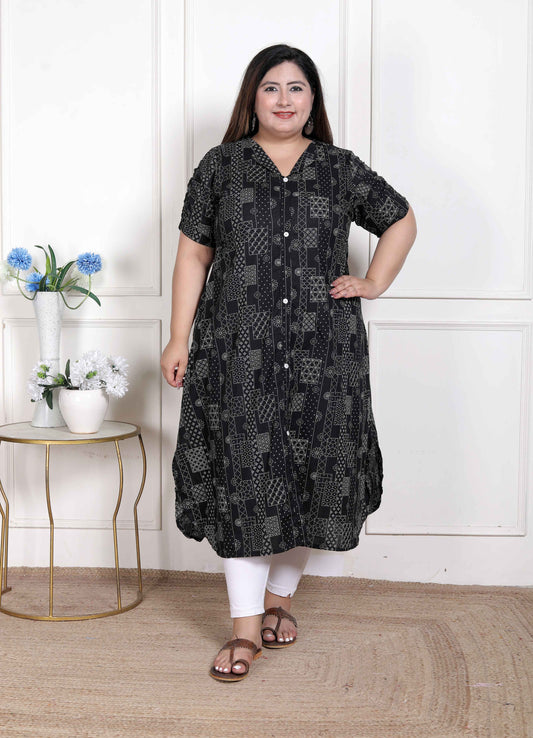 Miravan WOMENS Plus Size  Pure Cotton Black Floral Printed Front Button A-Line Kurta