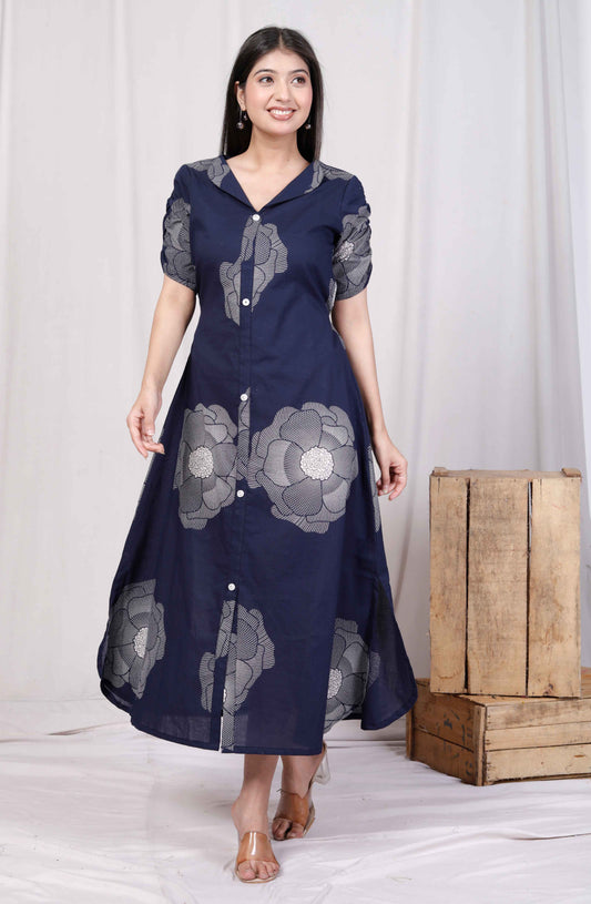 Miravan Womens Blue Floral Printed Front Buttoned A-Line Maxi Dress