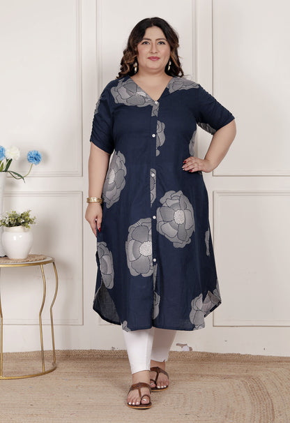 Miravan Womens Plus Size Blue Floral Printed Front Buttoned A-Line Kurta Dress