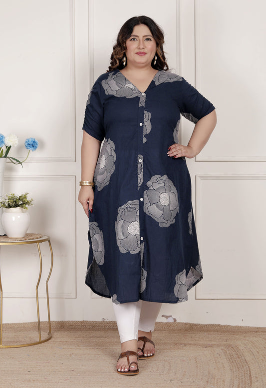 Miravan Womens Plus Size Blue Floral Printed Front Buttoned A-Line Kurta Dress