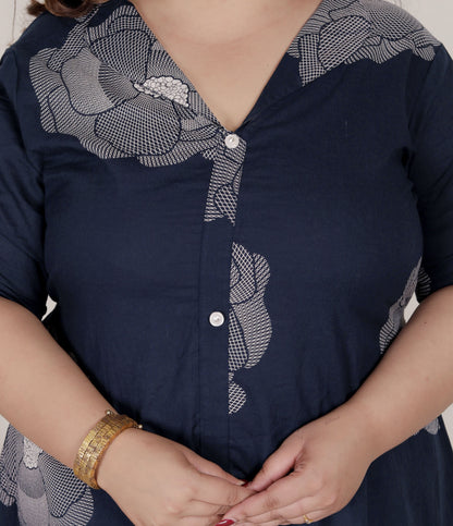 Miravan Womens Plus Size Blue Floral Printed Front Buttoned A-Line Kurta Dress