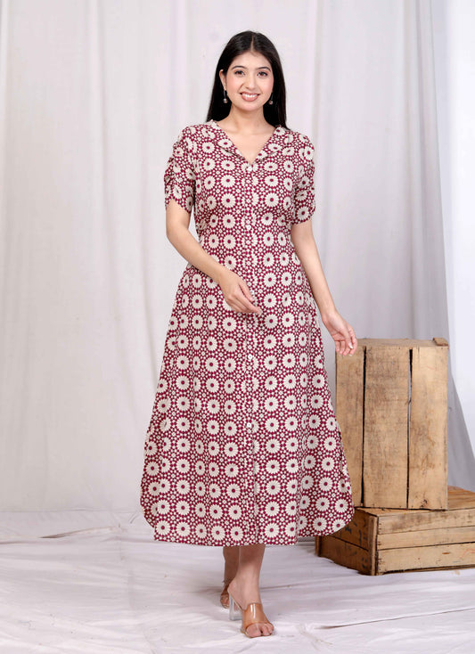 Miravan Womens Cotton Floral Printed Cream A-Line Maxi Dress with Buttons
