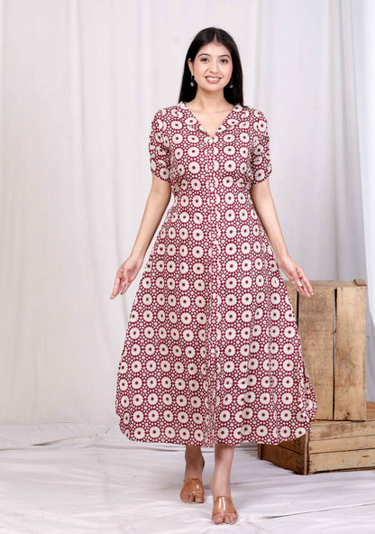 Miravan Womens Cotton Floral Printed Cream A-Line Maxi Dress with Buttons