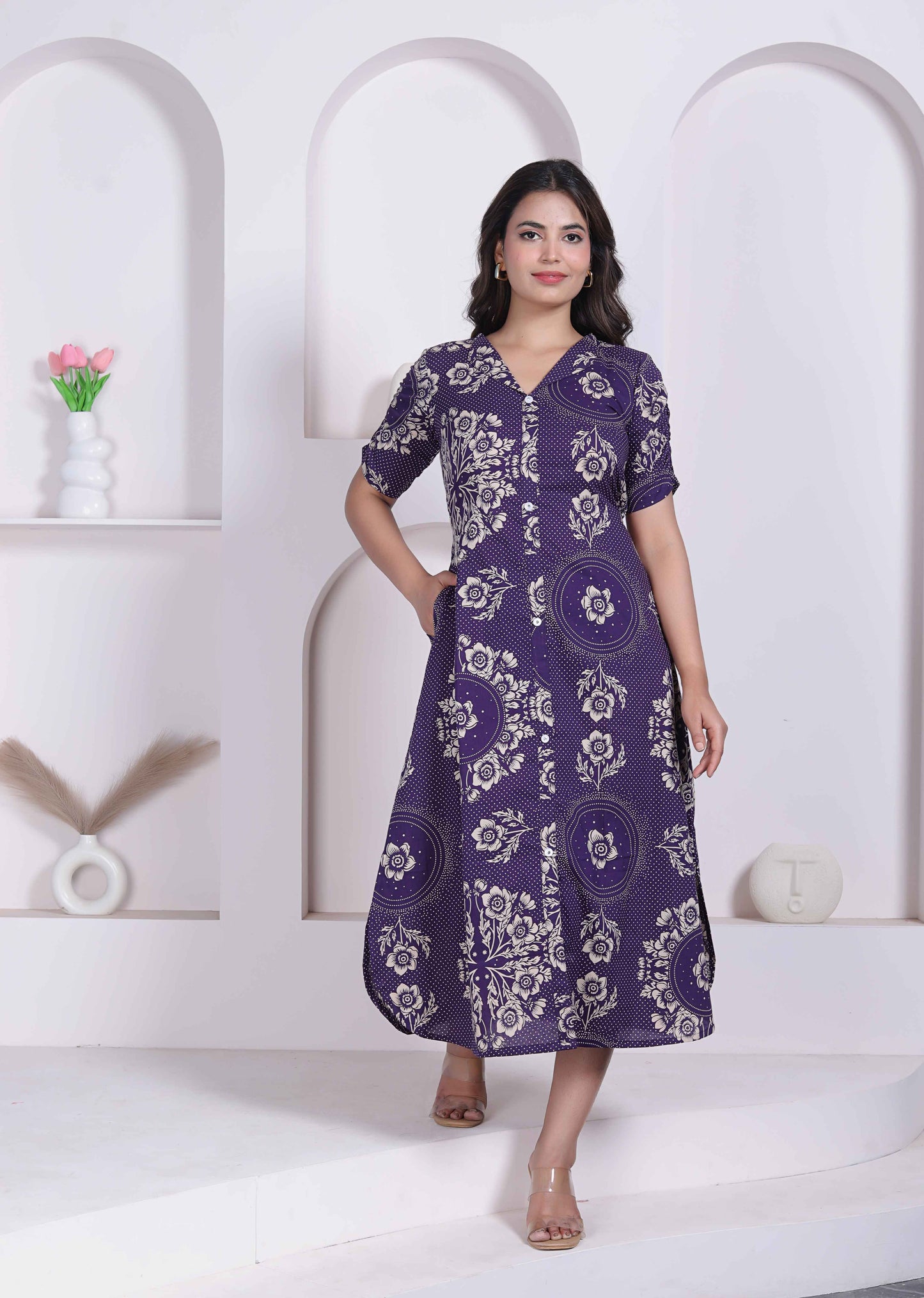 Miravan Womens Floral Printed A-line Shirt Collar Maxi Dress