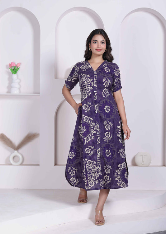 Miravan Womens Floral Printed A-line Shirt Collar Maxi Dress