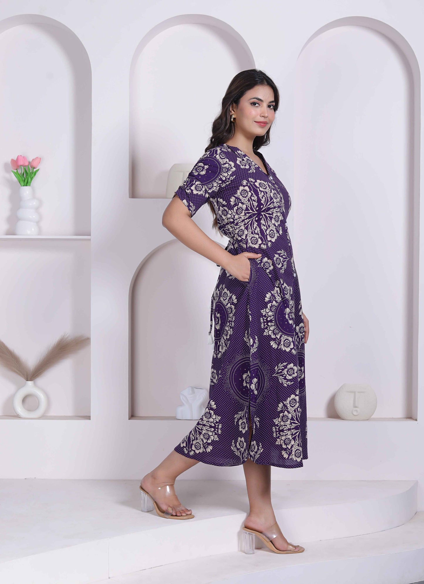 Miravan Womens Floral Printed A-line Shirt Collar Maxi Dress