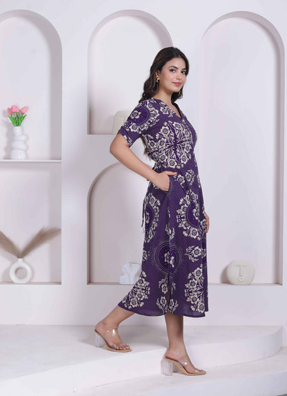 Miravan Womens Floral Printed A-line Shirt Collar Maxi Dress
