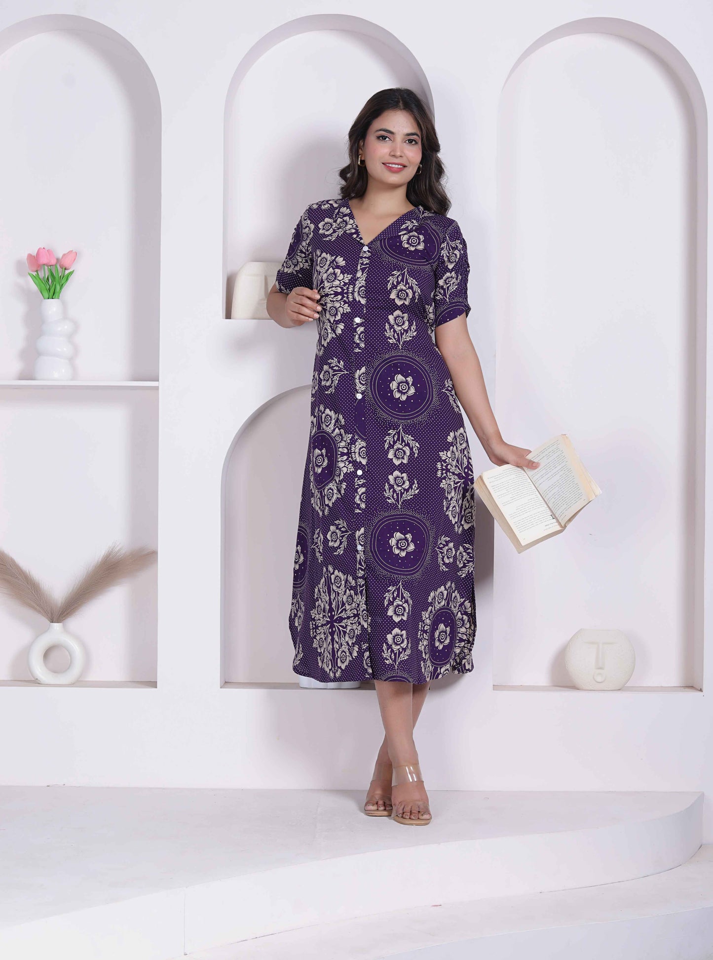 Miravan Womens Floral Printed A-line Shirt Collar Maxi Dress