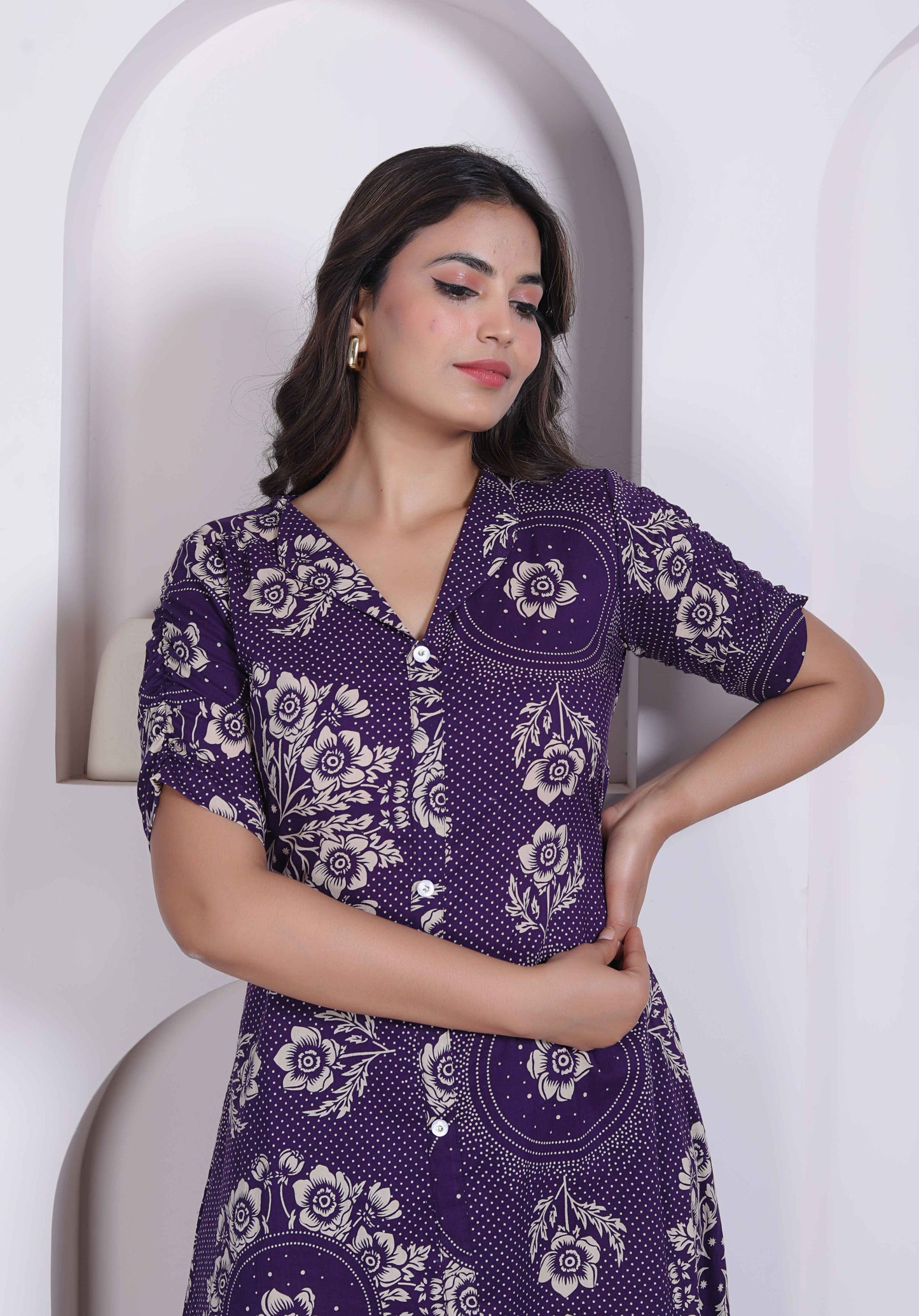 Miravan Womens Floral Printed A-line Shirt Collar Maxi Dress