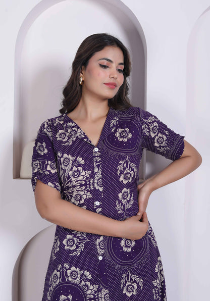 Miravan Womens Floral Printed A-line Shirt Collar Maxi Dress