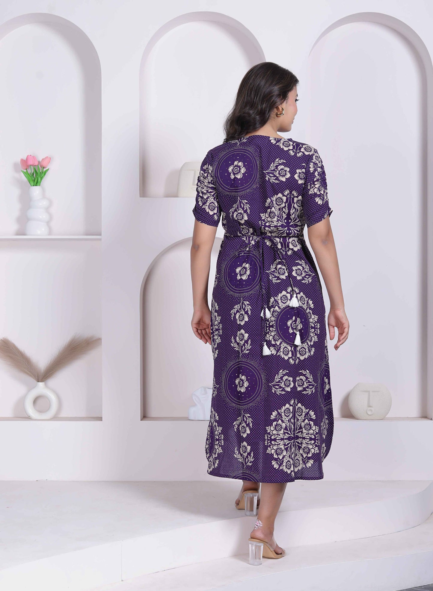 Miravan Womens Floral Printed A-line Shirt Collar Maxi Dress