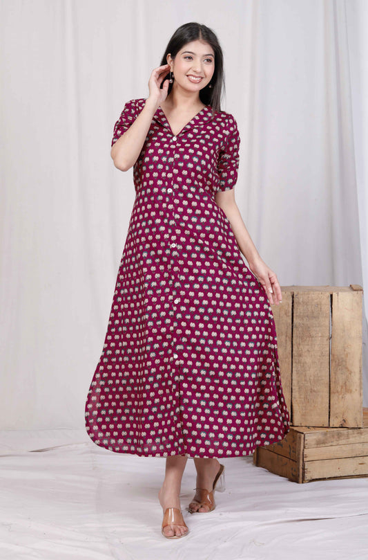 Miravan Womens Relaxed Fit Red Floral Printed A-Line Pure Cotton Midi Dress