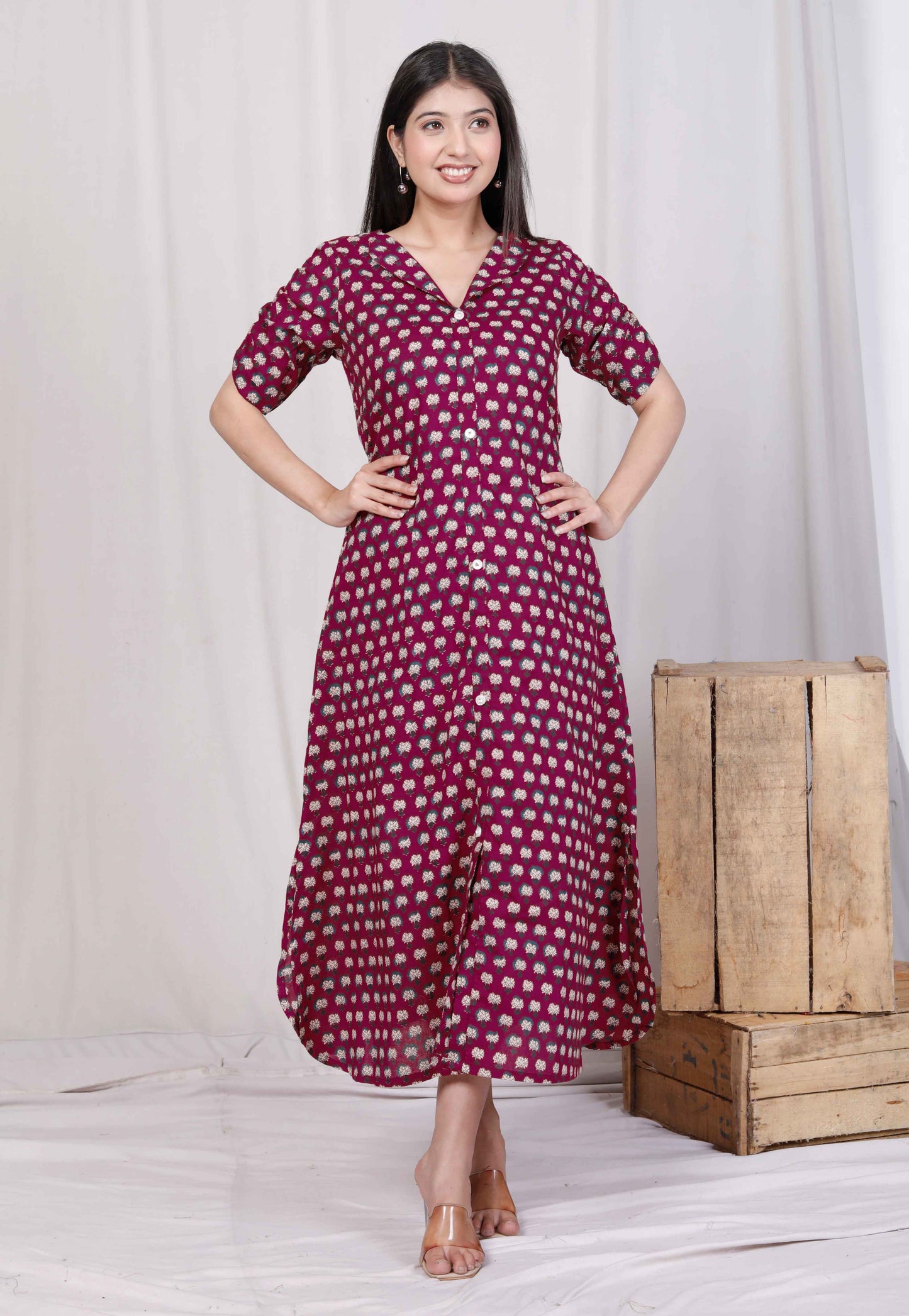 Miravan Womens Relaxed Fit Red Floral Printed A-Line Pure Cotton Midi Dress