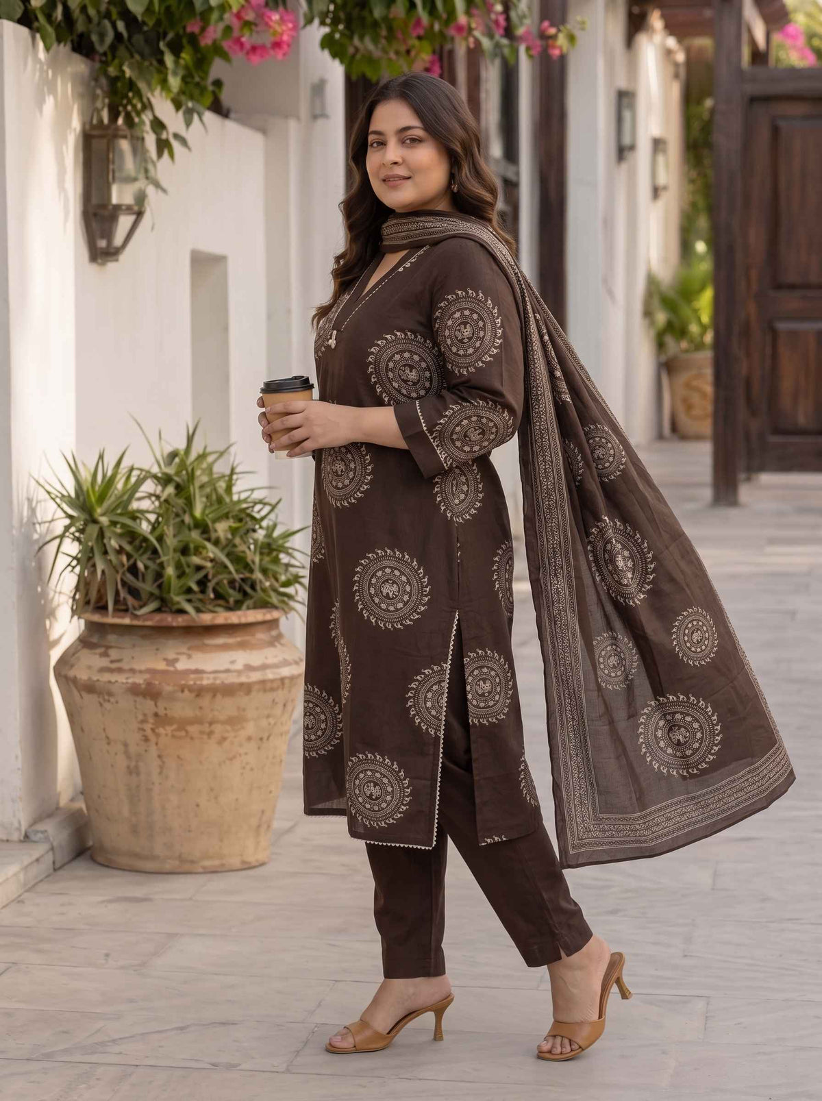 Miravan Womens Plus Size Animal Print Cotton Brown Stitched Kurta Palazzo With Dupatta set