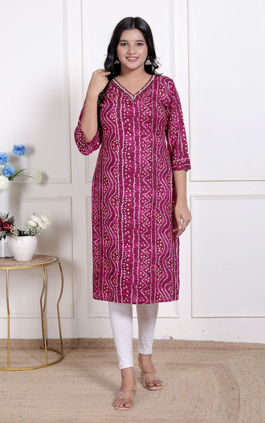 Miravan Womens Bandhej Printed Rayon Kurti Magenta