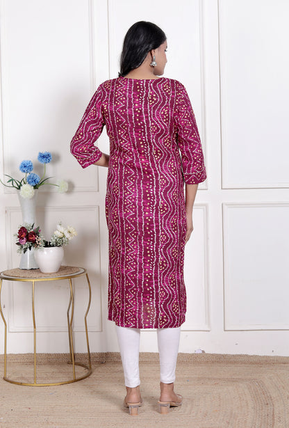 Miravan Womens Bandhej Printed Rayon Kurti Magenta