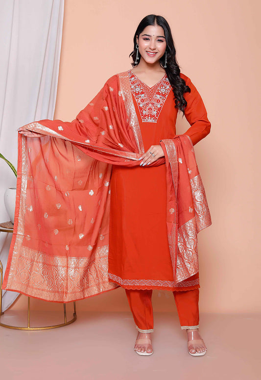 Miravan Womens Orange Embroidery Straigh Kurta with Palazzo and Dupatta set