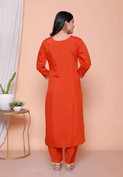 Miravan Womens Orange Embroidery Straigh Kurta with Palazzo and Dupatta set
