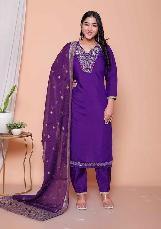 Miravan Womens Purple Muslin Stright kurta and palazzo with dupatta Suit set