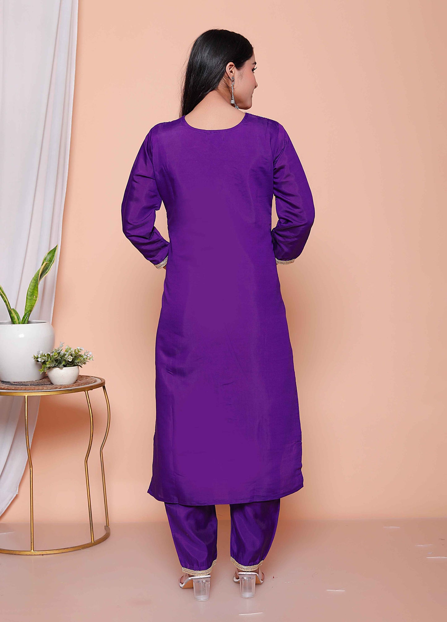 Miravan Womens Purple Muslin Stright kurta and palazzo with dupatta Suit set