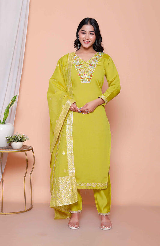 Miravan Womens Muslin Yellow  Kurta and Palazzo with Dupatta Set
