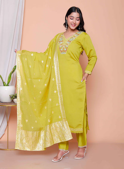 Miravan Womens Muslin Yellow  Kurta and Palazzo with Dupatta Set