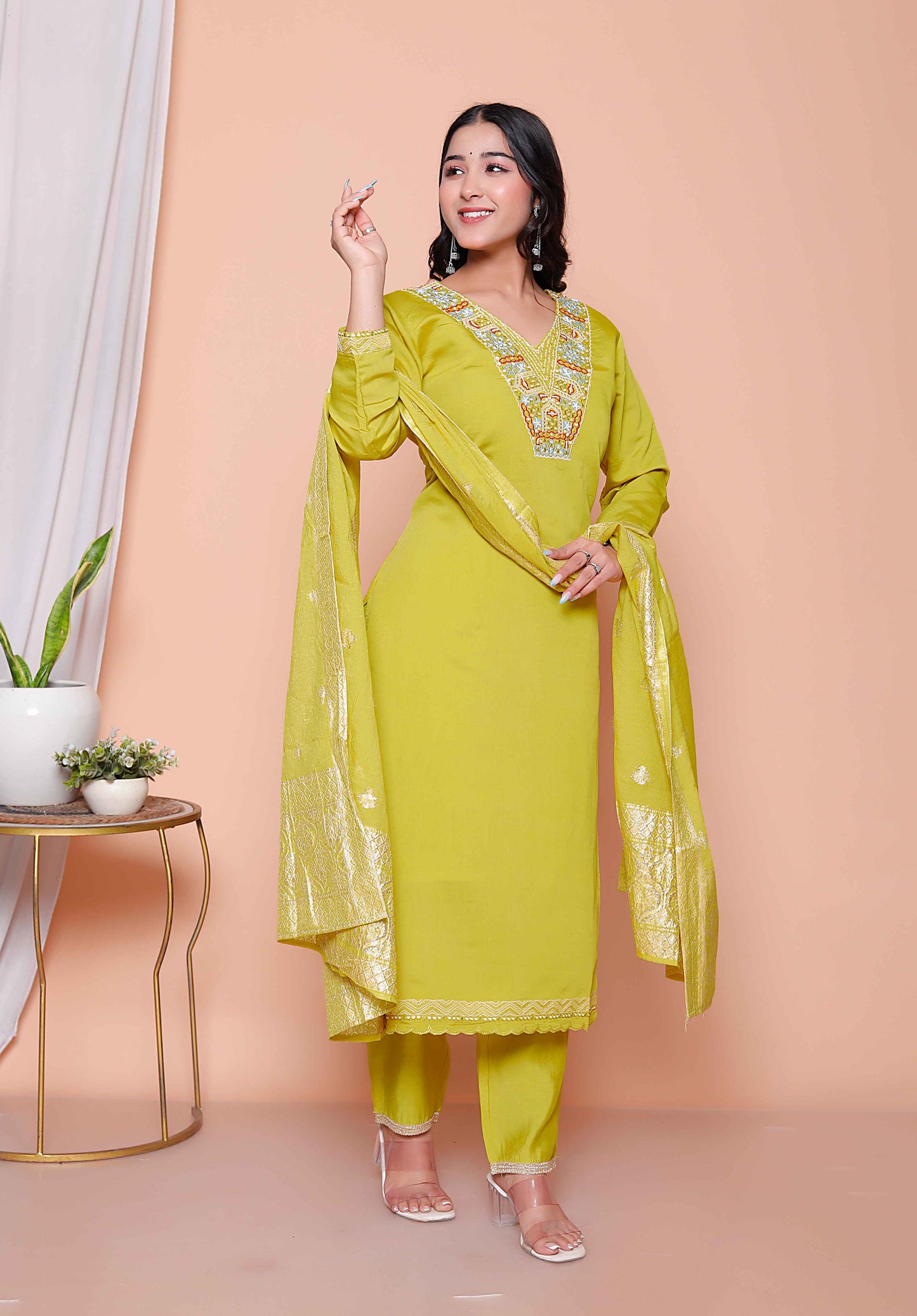 Miravan Womens Muslin Yellow  Kurta and Palazzo with Dupatta Set