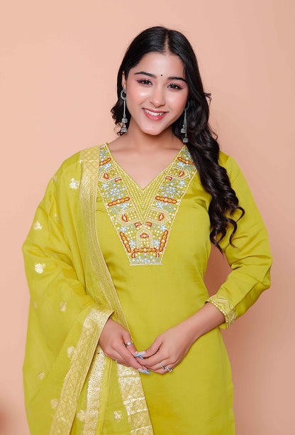 Miravan Womens Muslin Yellow  Kurta and Palazzo with Dupatta Set