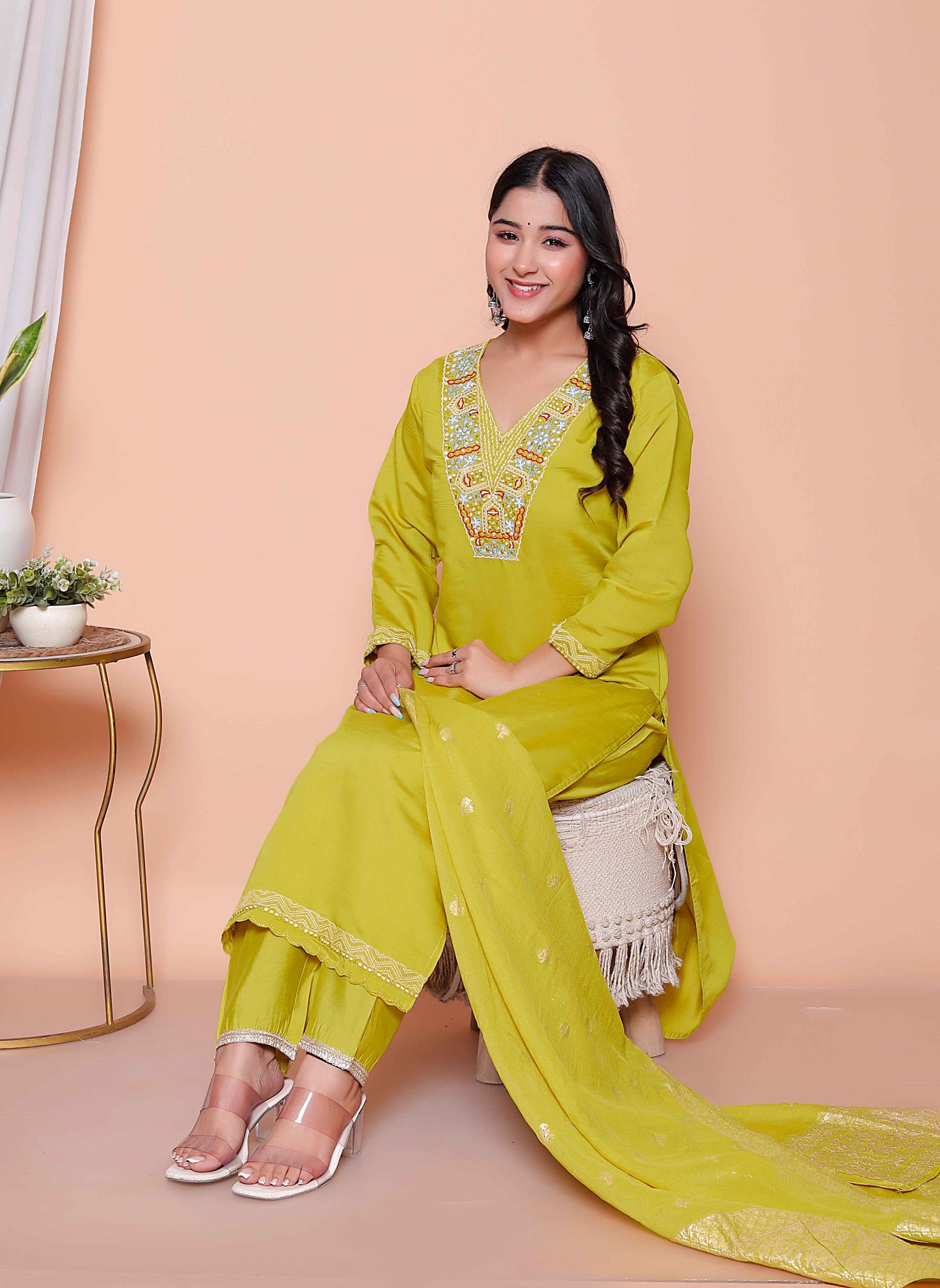 Miravan Womens Muslin Yellow  Kurta and Palazzo with Dupatta Set