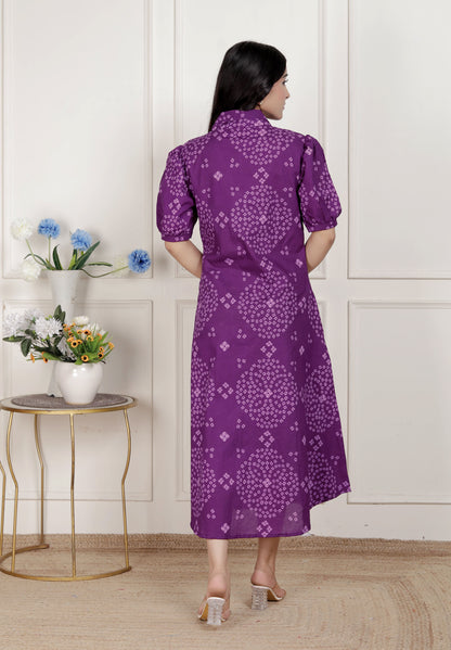 Miravan Womens Purple Bandhni printed A-Line Midi Dress