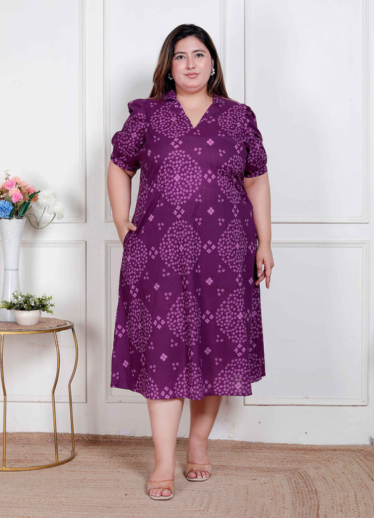 Miravan Plus Size Womens Purple Bandhni printed A-Line Maxi Dress