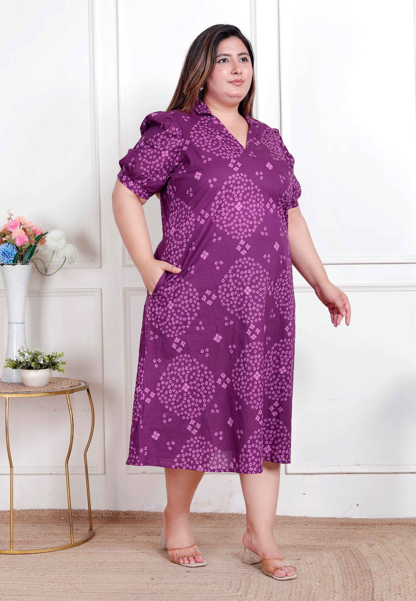 Miravan Plus Size Womens Purple Bandhni printed A-Line Maxi Dress