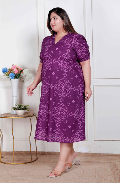 Miravan Plus Size Womens Purple Bandhni printed A-Line Maxi Dress
